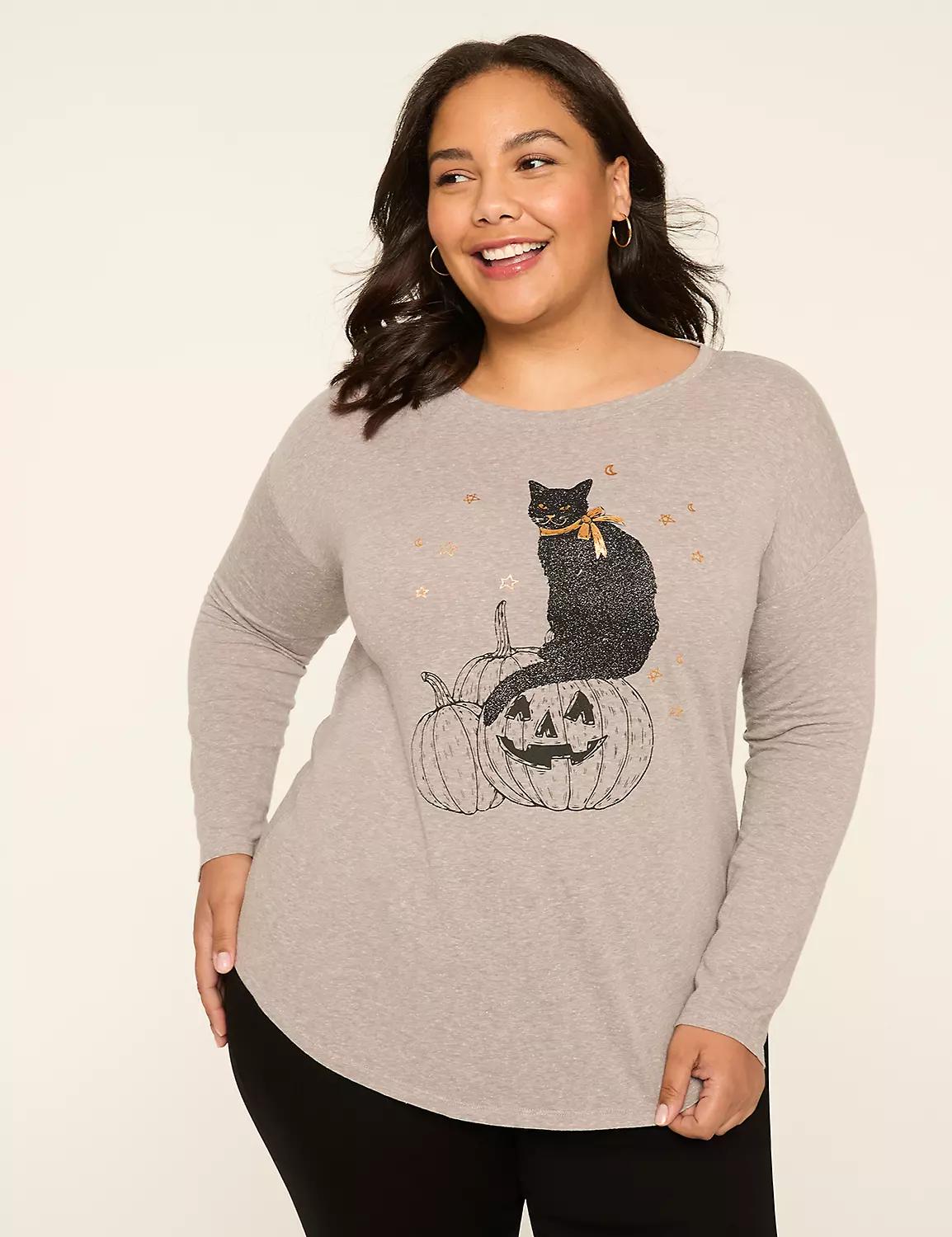 Long-Sleeve Pumpkin & Cat Graphic Tee Product Image