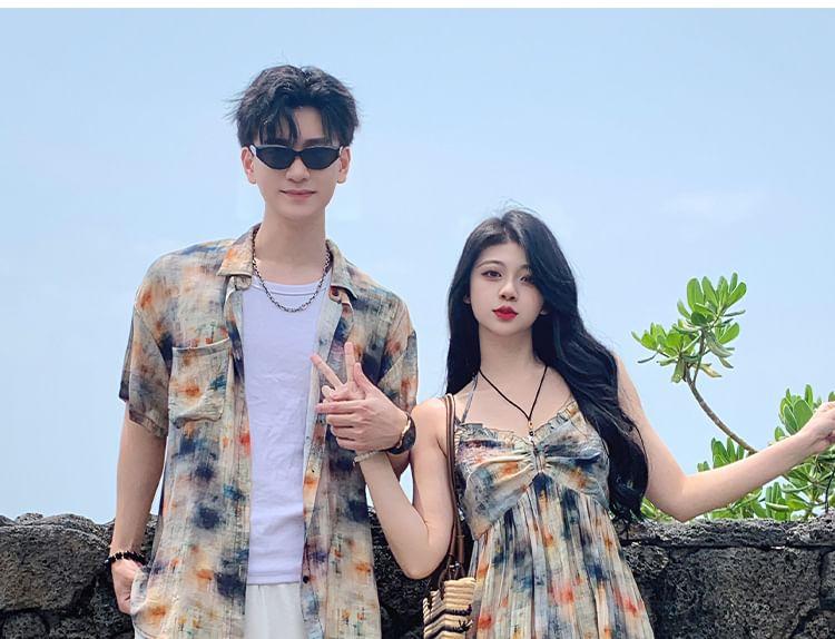 Couple Matching Short-Sleeve Collared Tie-Dye Button Up Shirt / Spaghetti Strap V-Neck Tie-Dye Maxi A-Line Dress / Plain Shorts Product Image