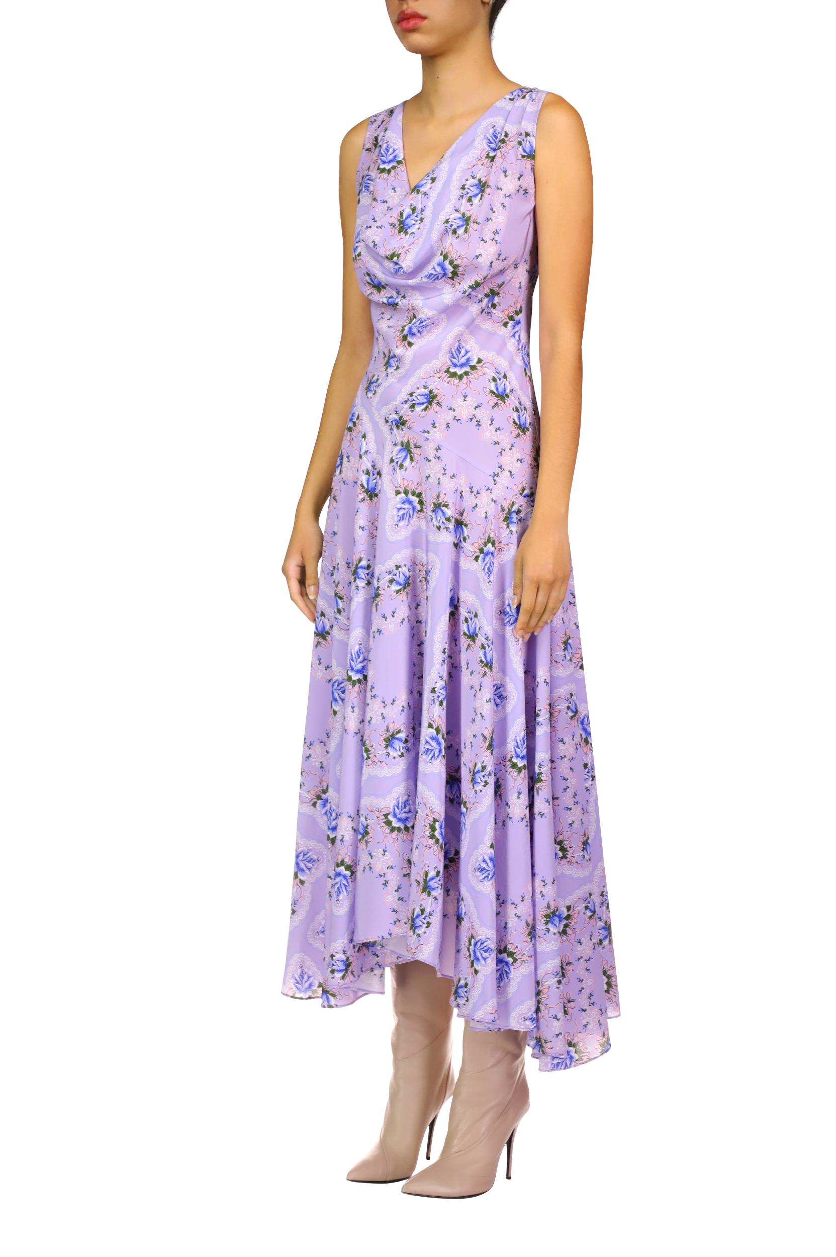 Lavender Floral Silk Cowl Neck Dress With Handkerchief Skirt Product Image