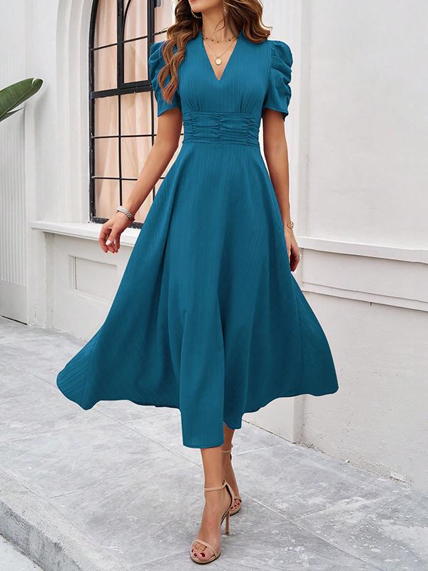A-Line High Waisted Pleated Solid Color Zipper V-Neck Maxi Dresses Product Image