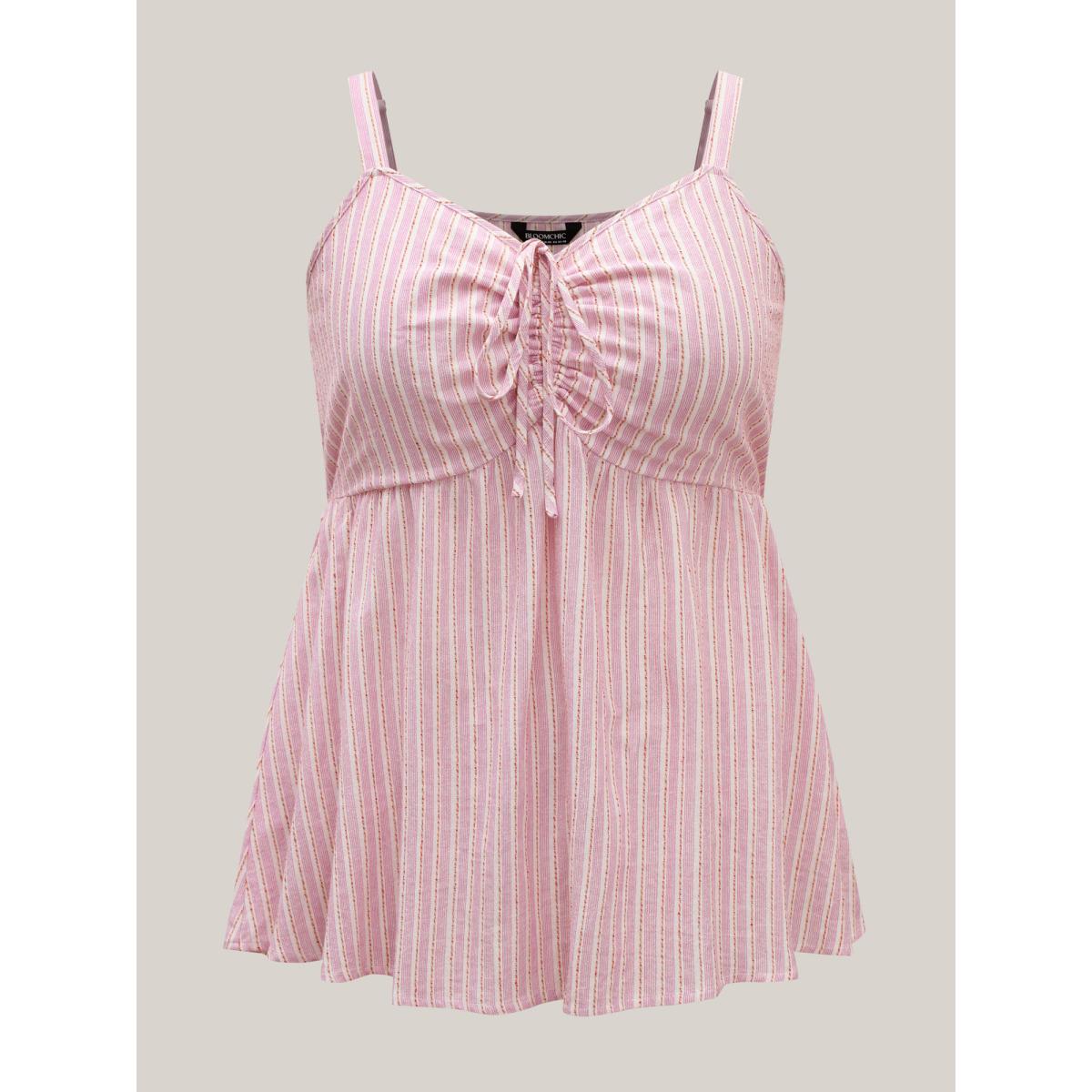 Plus Size Cotton Stripes Neck Ties Ruched Tank Top Women Blush Drawstring Heart neckline Vacation Tank Tops Camis BloomChic 26/4X Product Image