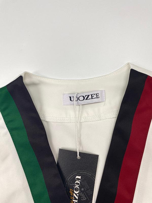 Long Sleeves Loose Contrast Color Pleated V-Neck Blouses&Shirts Tops Product Image