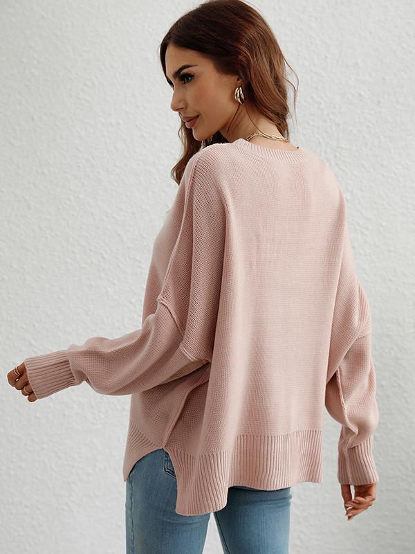 Casual Long Sleeves Loose Split-Side Solid Color Round-Neck Sweater Tops Product Image