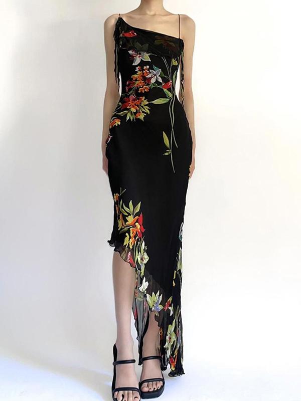 Floral Irregular Pleated Mesh Maxi Dress Product Image