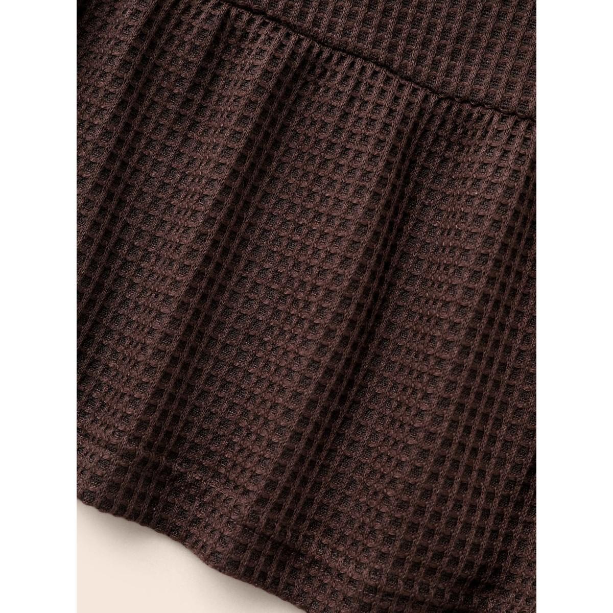 Plus Size Solid Waffle Knit Ruffle Hem T-shirt DarkBrown Women Casual Texture V-neck Everyday T-shirts BloomChic 12/L Product Image