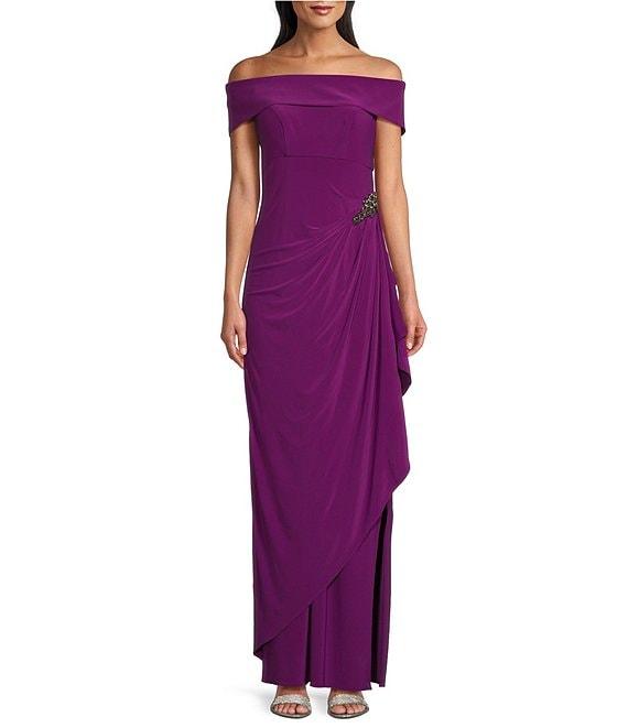 Alex Evenings Off-the-Shoulder Short Sleeve Stretch Matte Jersey Ruched Gown Product Image