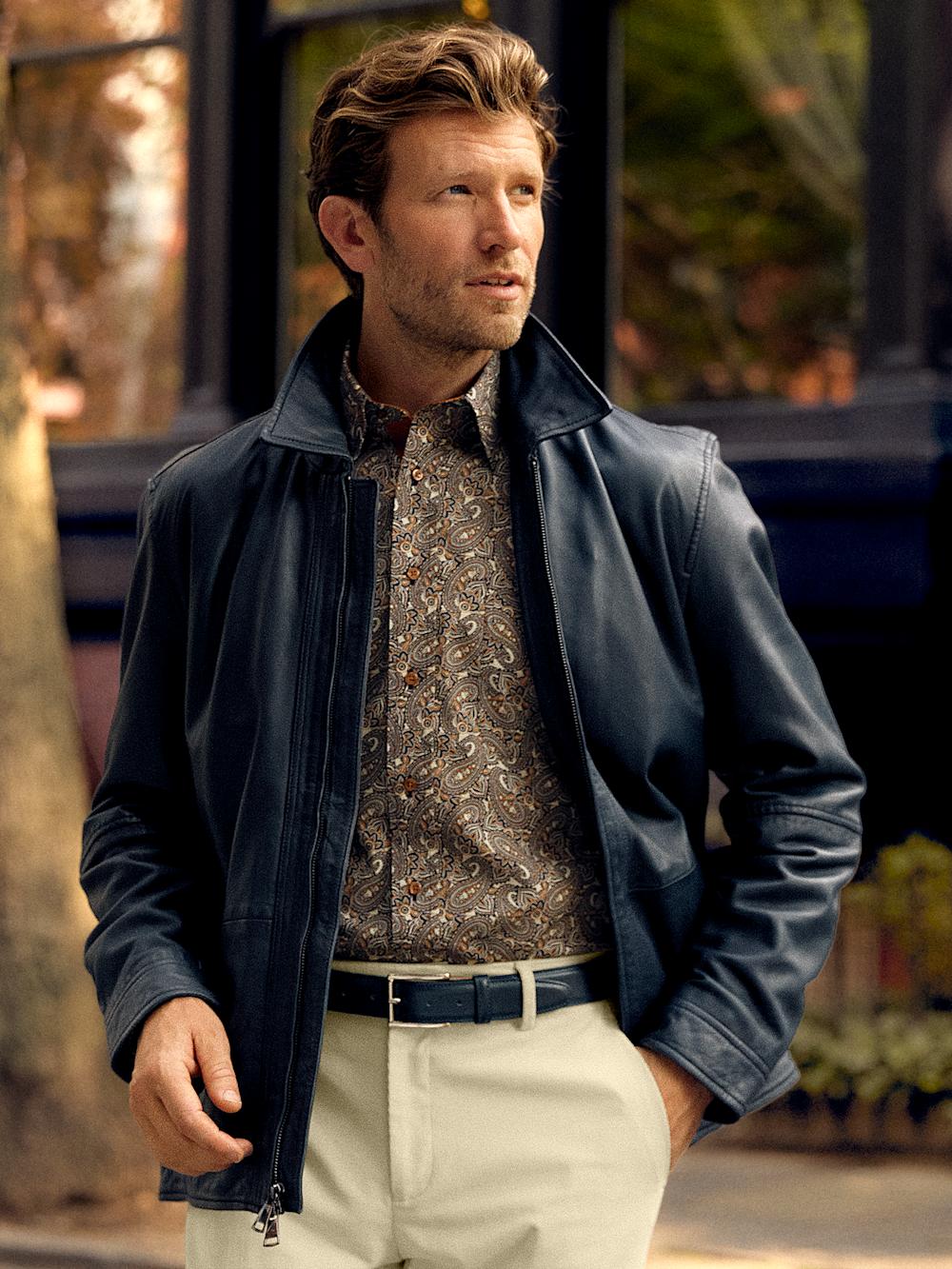 Leather Bomber Jacket - Navy Product Image