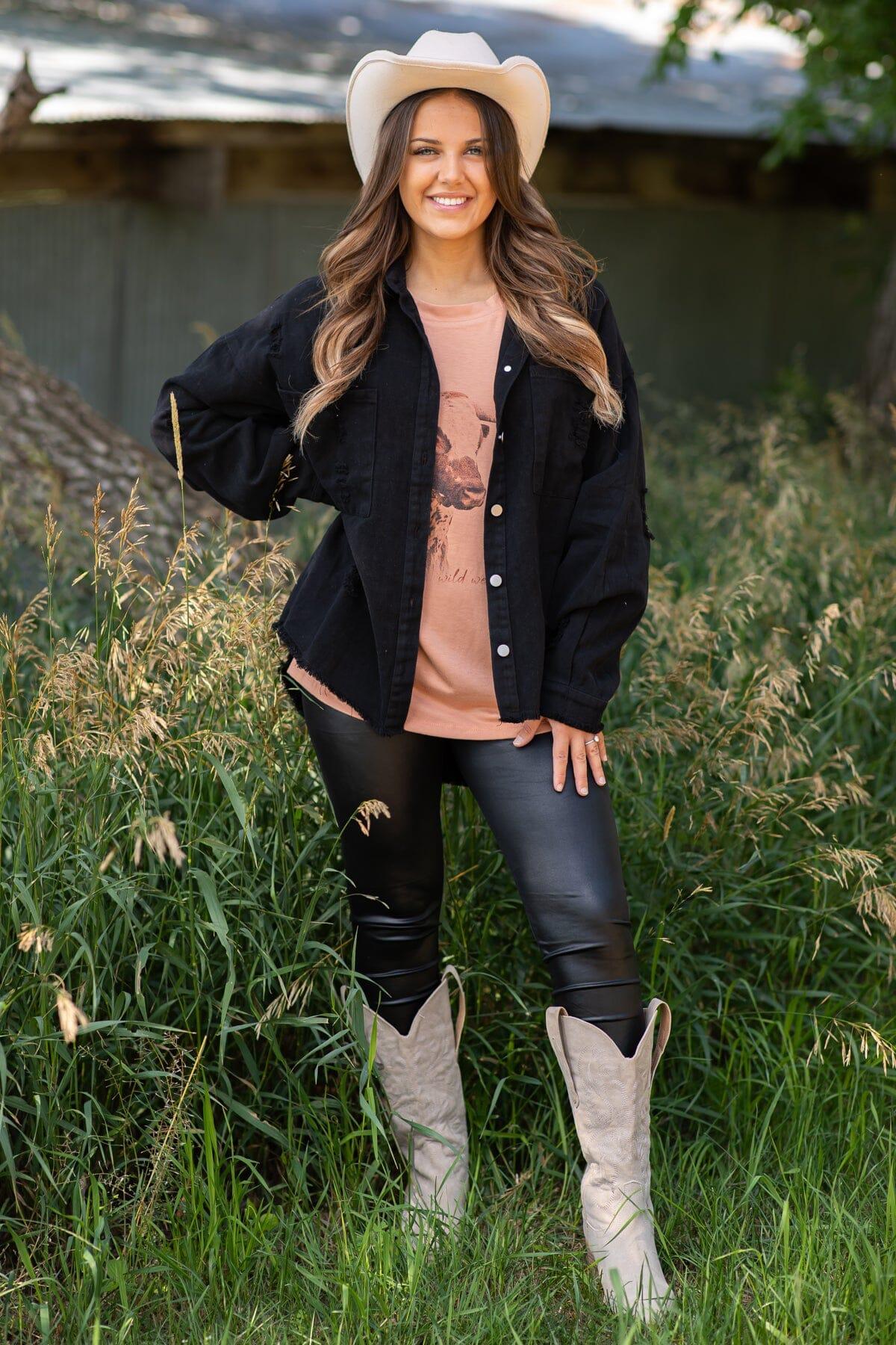 Black Distressed Fray Hem Denim Jacket Product Image