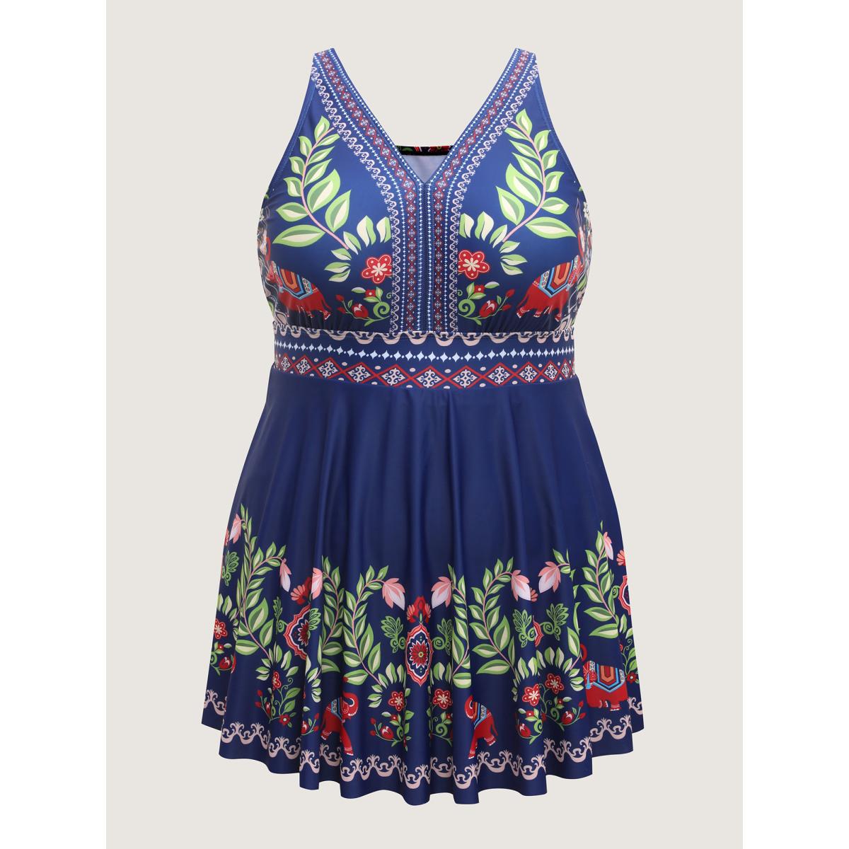 Plus Size Anti-Float Ties Floral Swim Dress Women's Swimwear Indigo Resort Bodycon V-neck High stretch Curve Swim Dresses BloomChic 14-16/1X Product Image