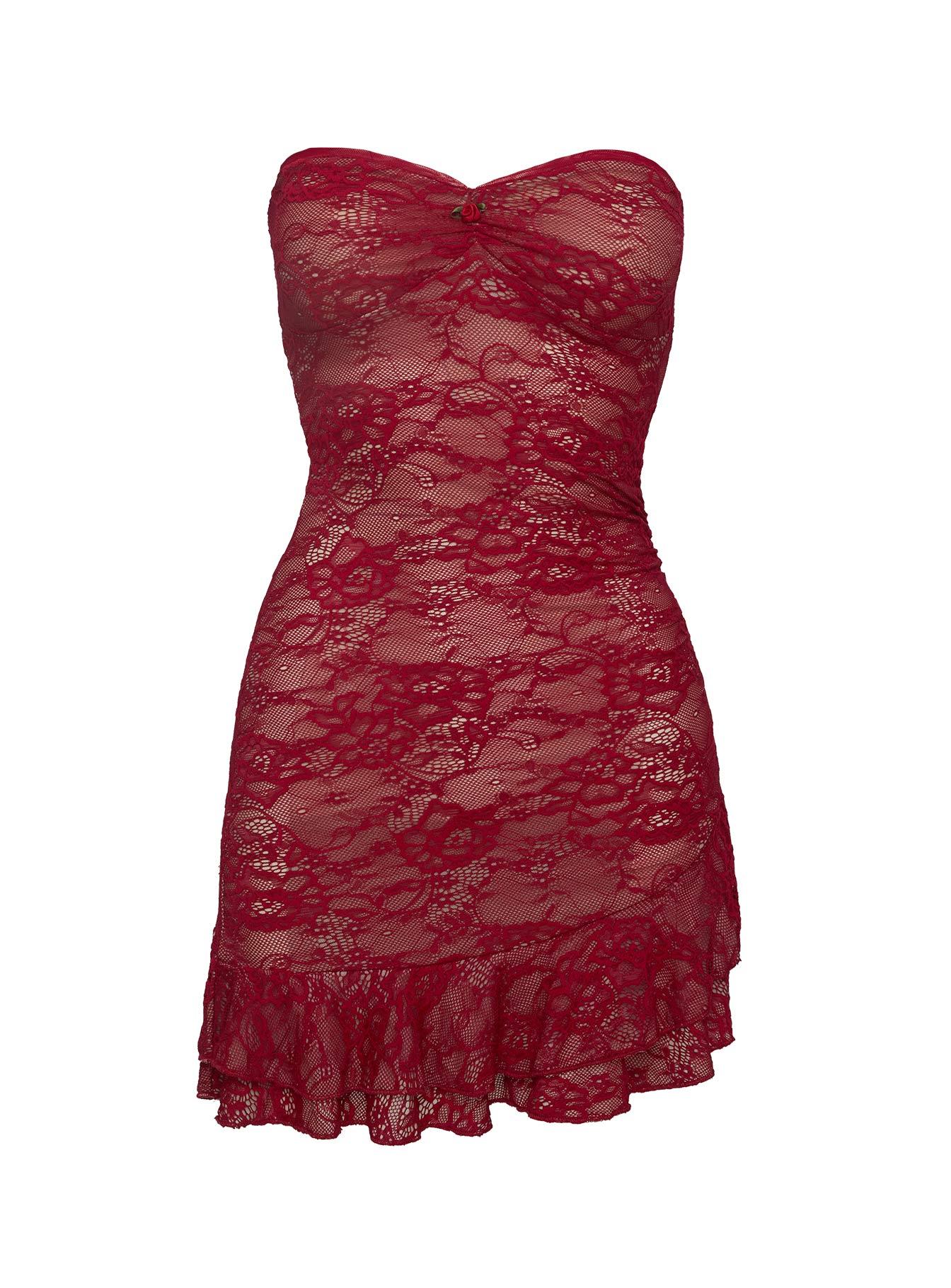 Hailees Lace Strapless Mini Dress Red Petite Product Image