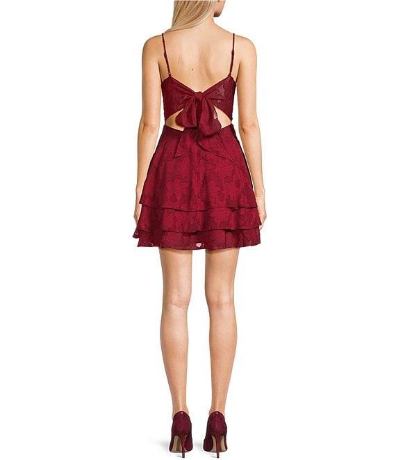 City Vibe Floral Jacquard Square Neck Asymmetric Layered Ruffle Tie Back Dress Product Image