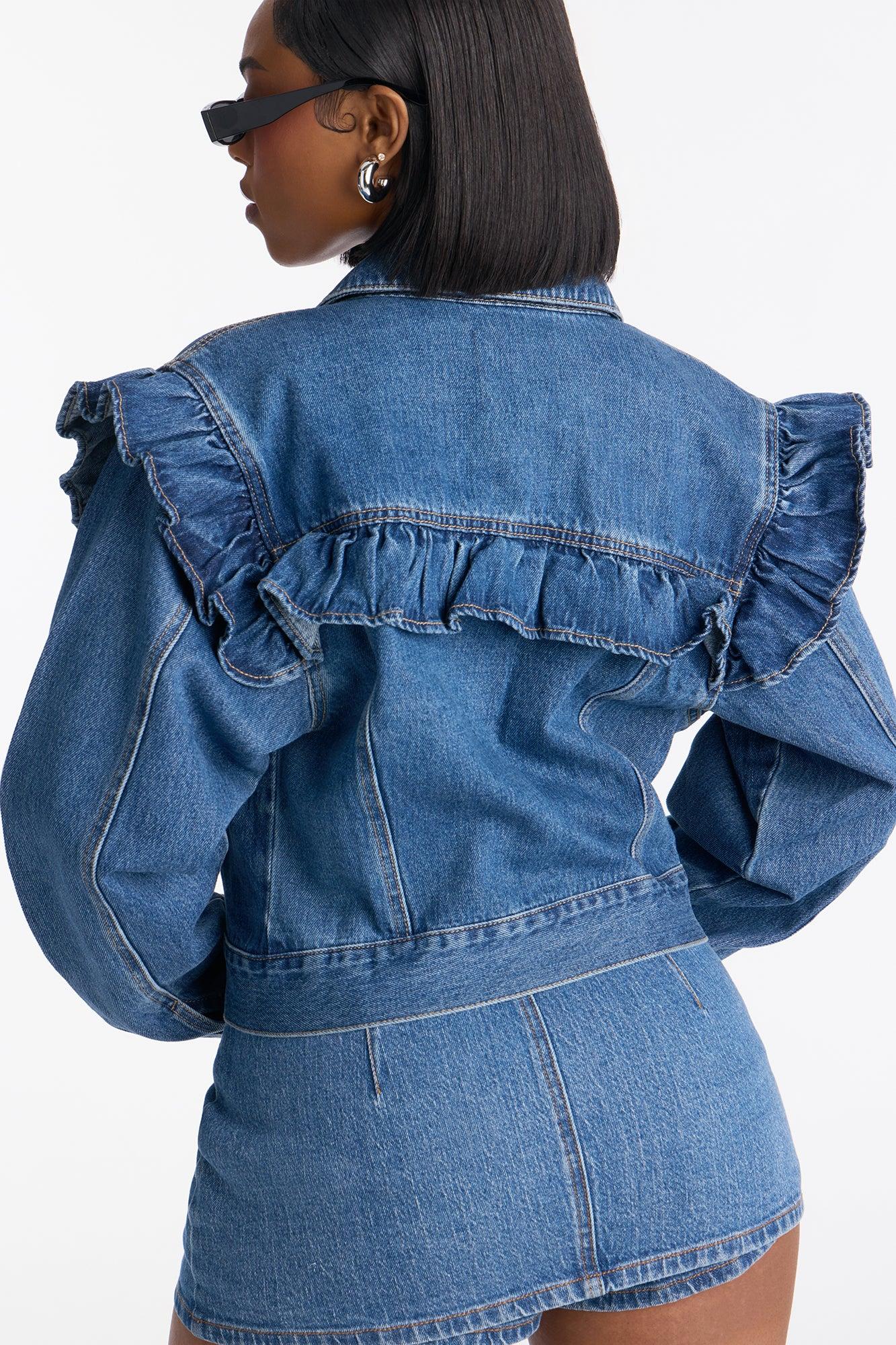Scandi Ruffled Denim Jacket - Dark Wash Female Product Image