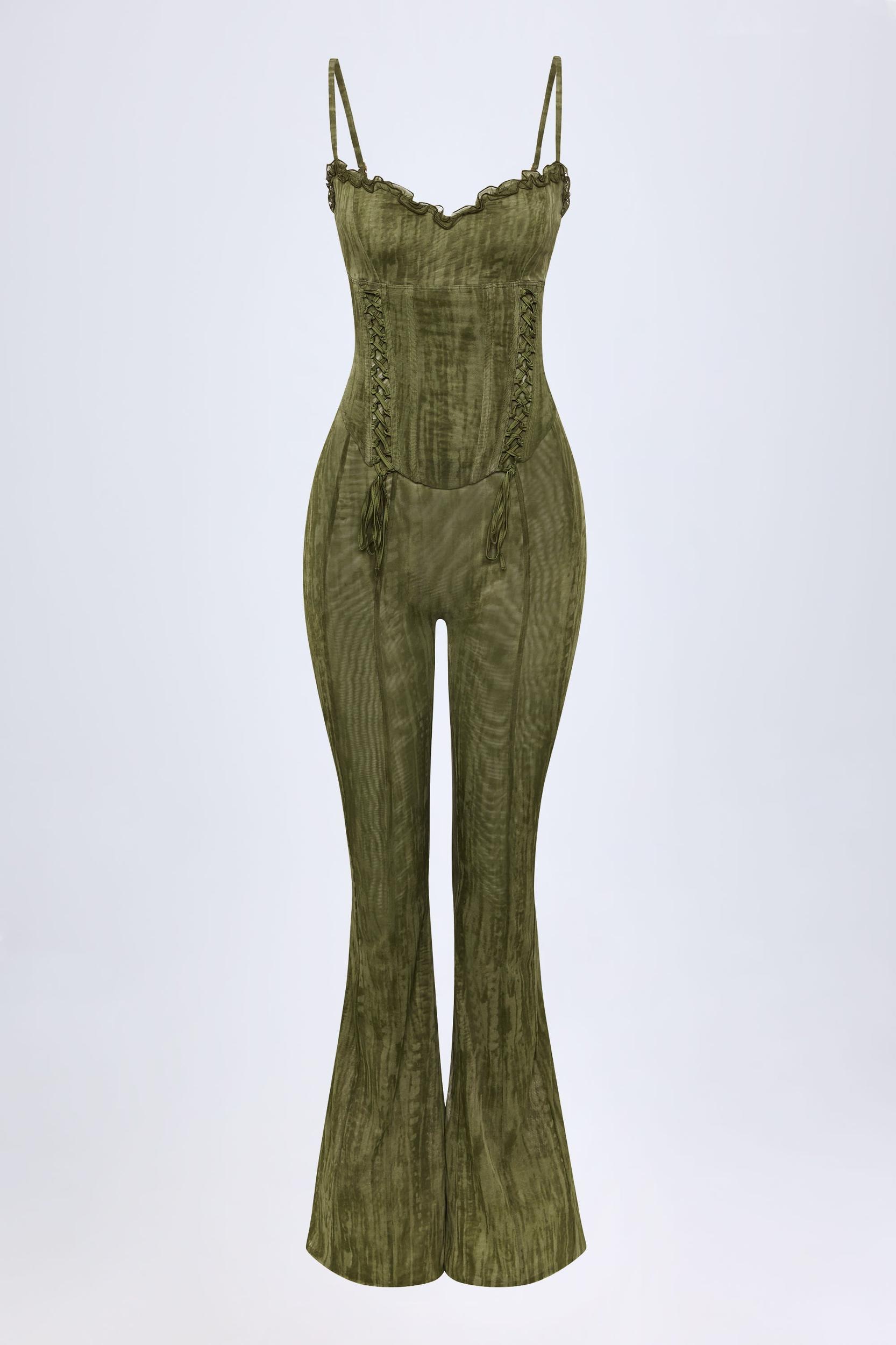 Lace-Up Ruffled Flared Jumpsuit in Green Print Product Image