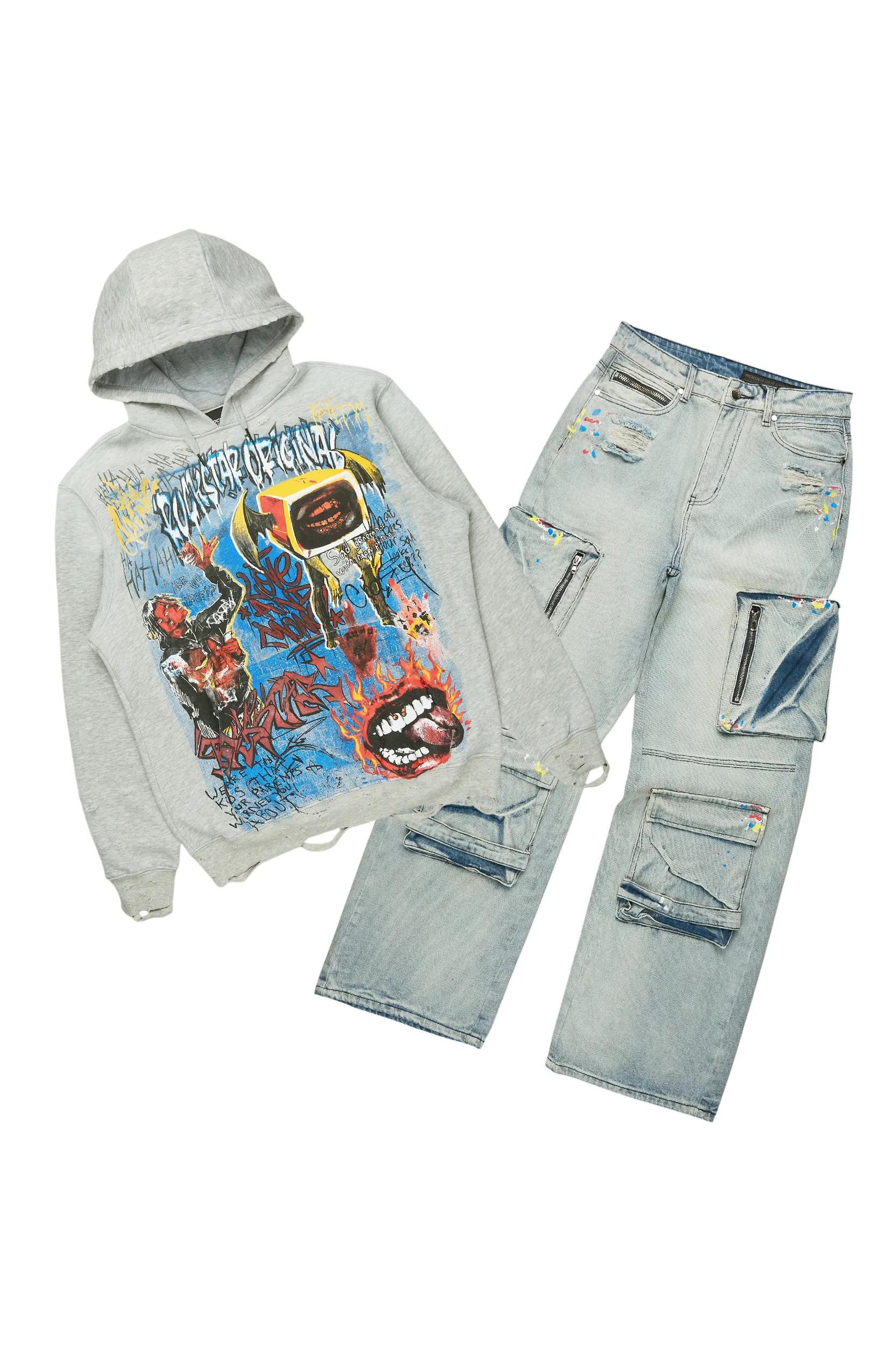 Yooz Grey/Blue Hoodie/Baggy Fit Jean Bundle Male Product Image