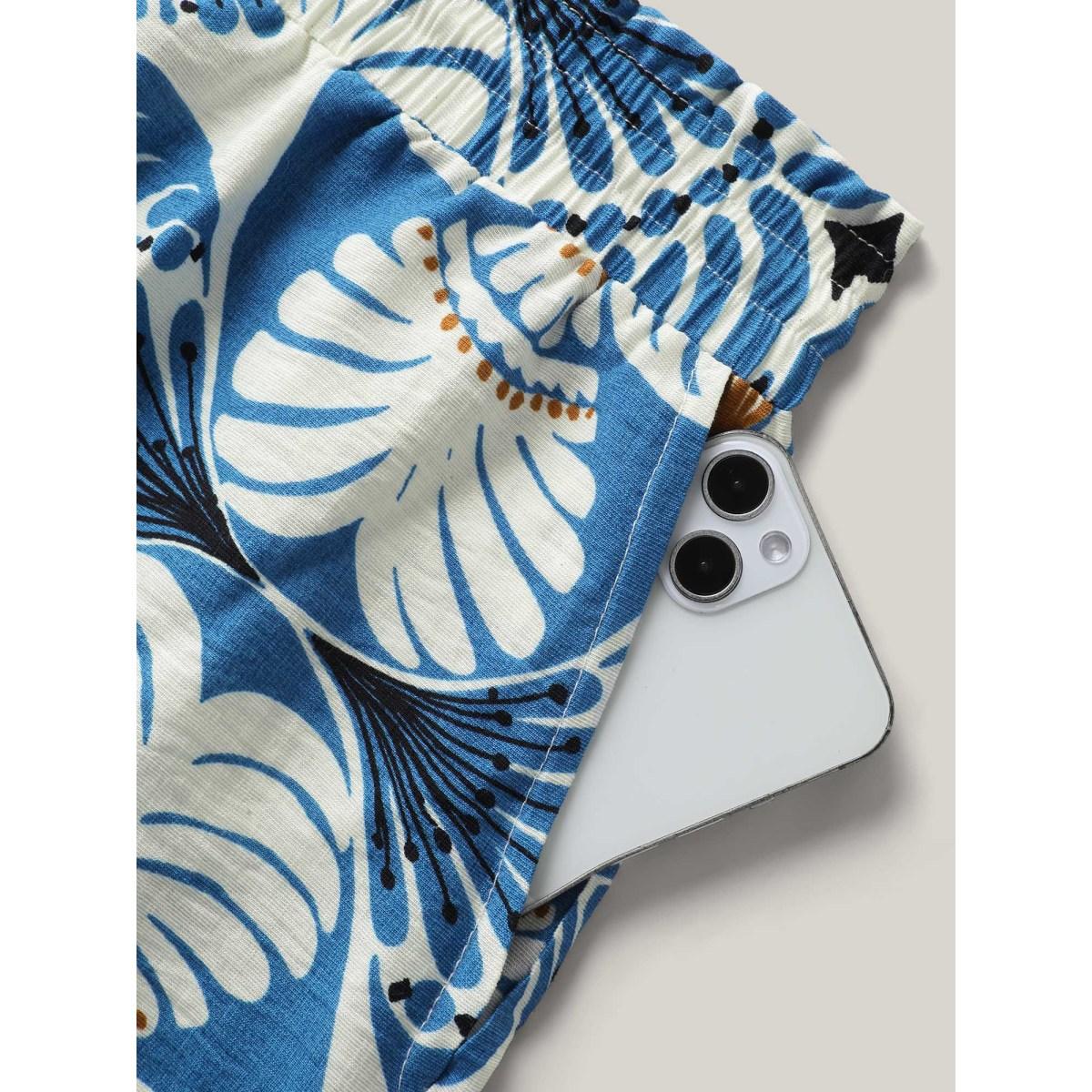 Plus Size Boho Print Shirred Waist Straight-Fit Shorts Women LightBlue Resort Drawstring Straight Leg Vacation Shorts BloomChic 12/L Product Image