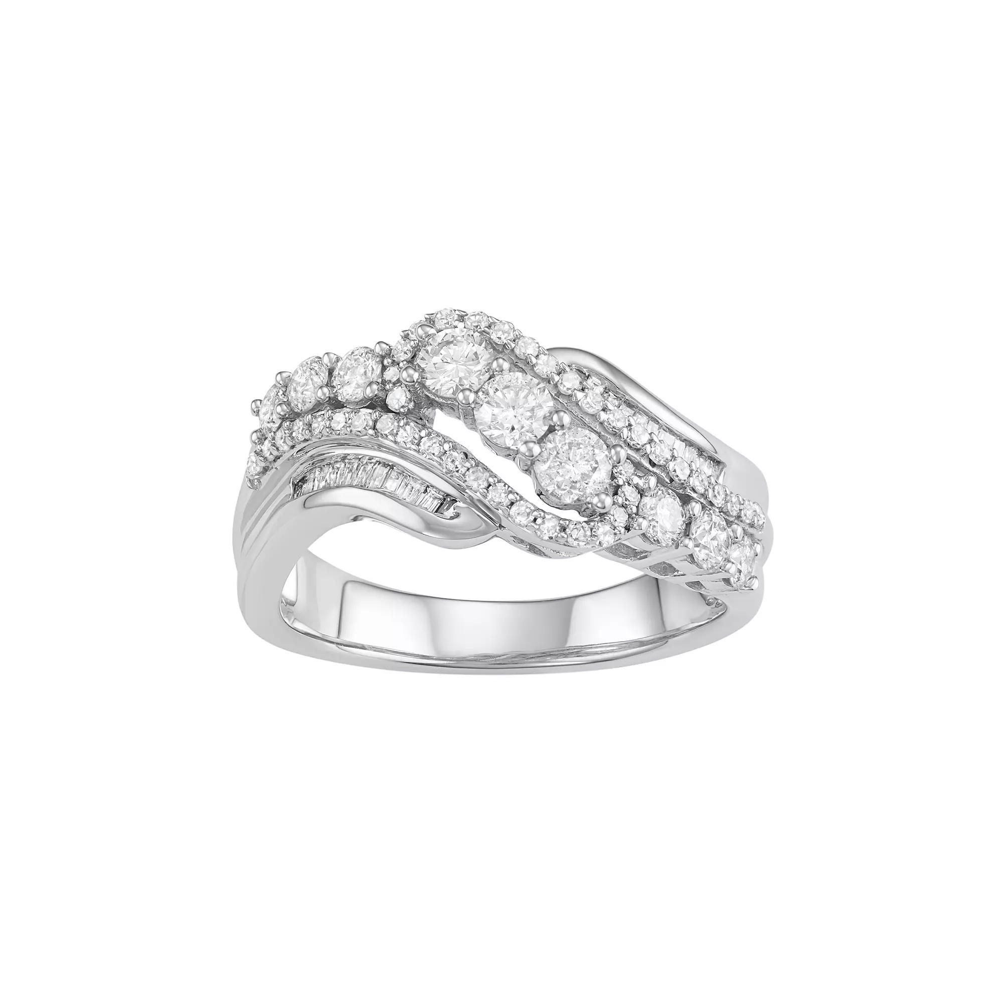10k White Gold 1 Carat T.W. Diamond Swirl Multi Row Ring, Women's, Size: 5 Product Image