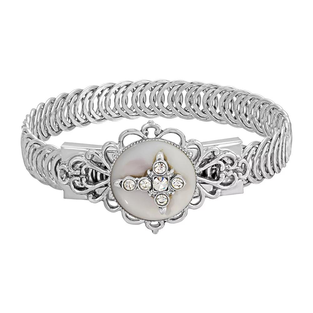 Symbols of Faith Pewter Crystal Cross with Mother of Pearl Belt Bracelet, Womens, White Product Image