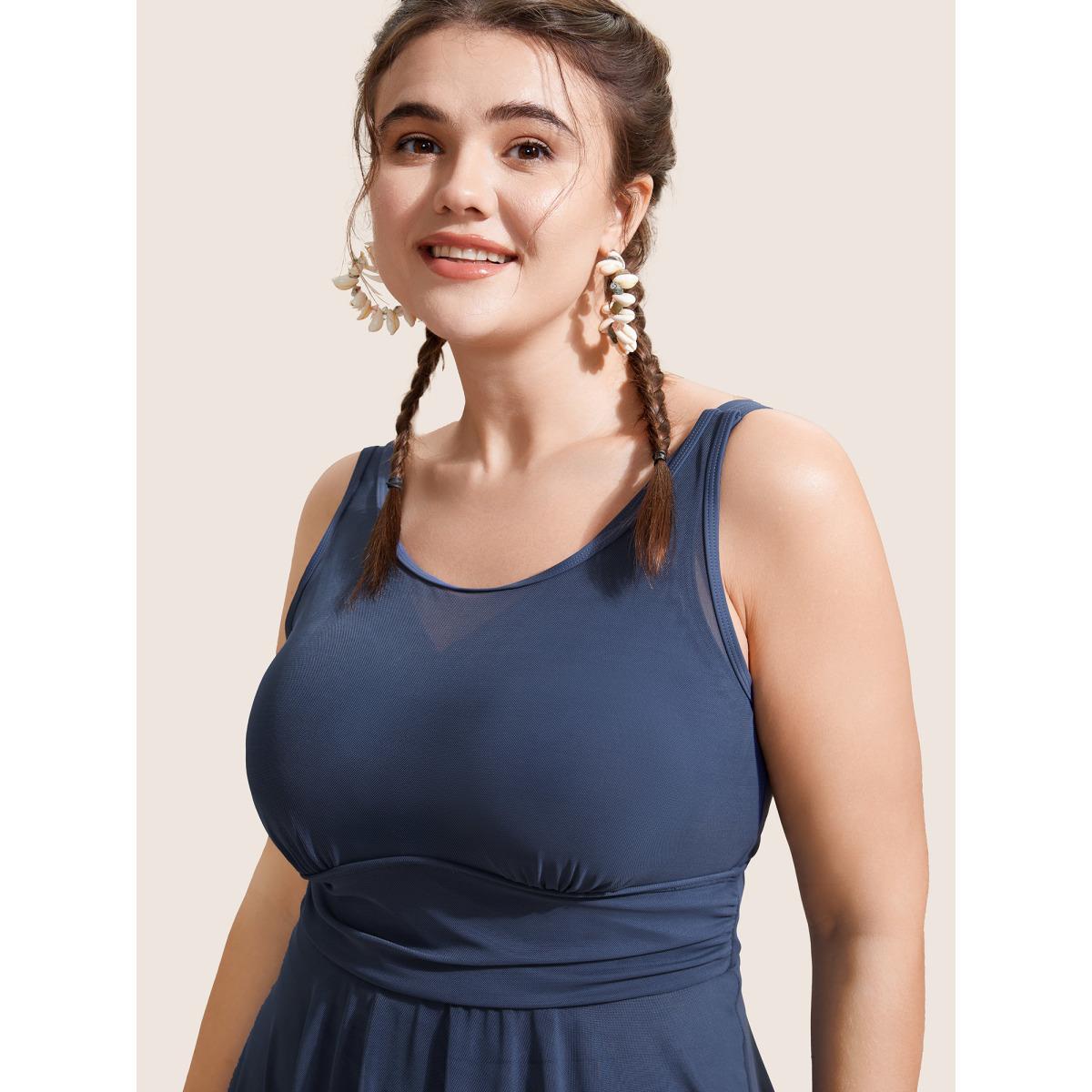 Plus Size See Through Patchwork Gathered Swim Dress Women's Swimwear Indigo Beach Bodycon Round Neck High stretch Curve Swim Dresses BloomChic 14-16/1X Product Image