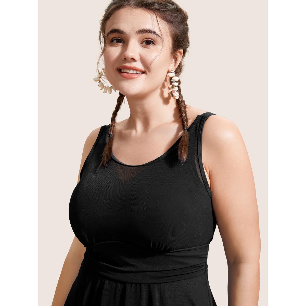 Plus Size See Through Patchwork Gathered Swim Dress Women's Swimwear Black Beach Bodycon Round Neck High stretch Curve Swim Dresses BloomChic 14-16/1X Product Image