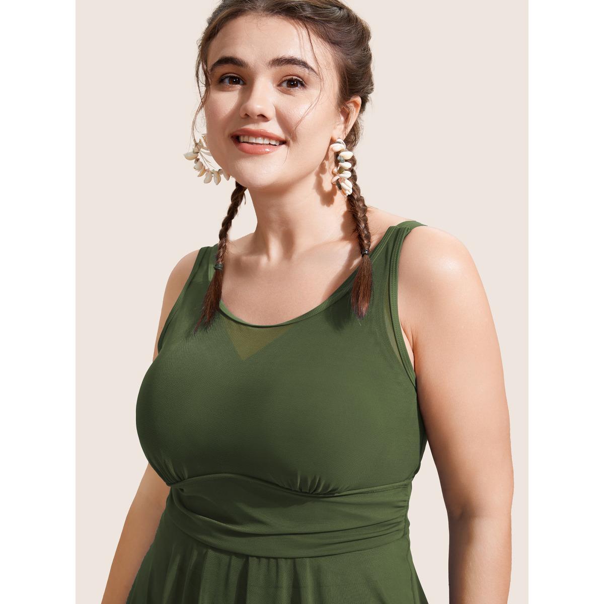 Plus Size See Through Patchwork Gathered Swim Dress Women's Swimwear ArmyGreen Beach Bodycon Round Neck High stretch Curve Swim Dresses BloomChic 28/5X Product Image