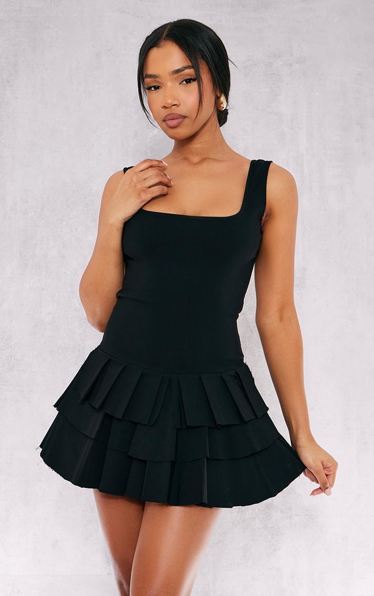 Black Stretch Woven Pleated Skort Romper Product Image