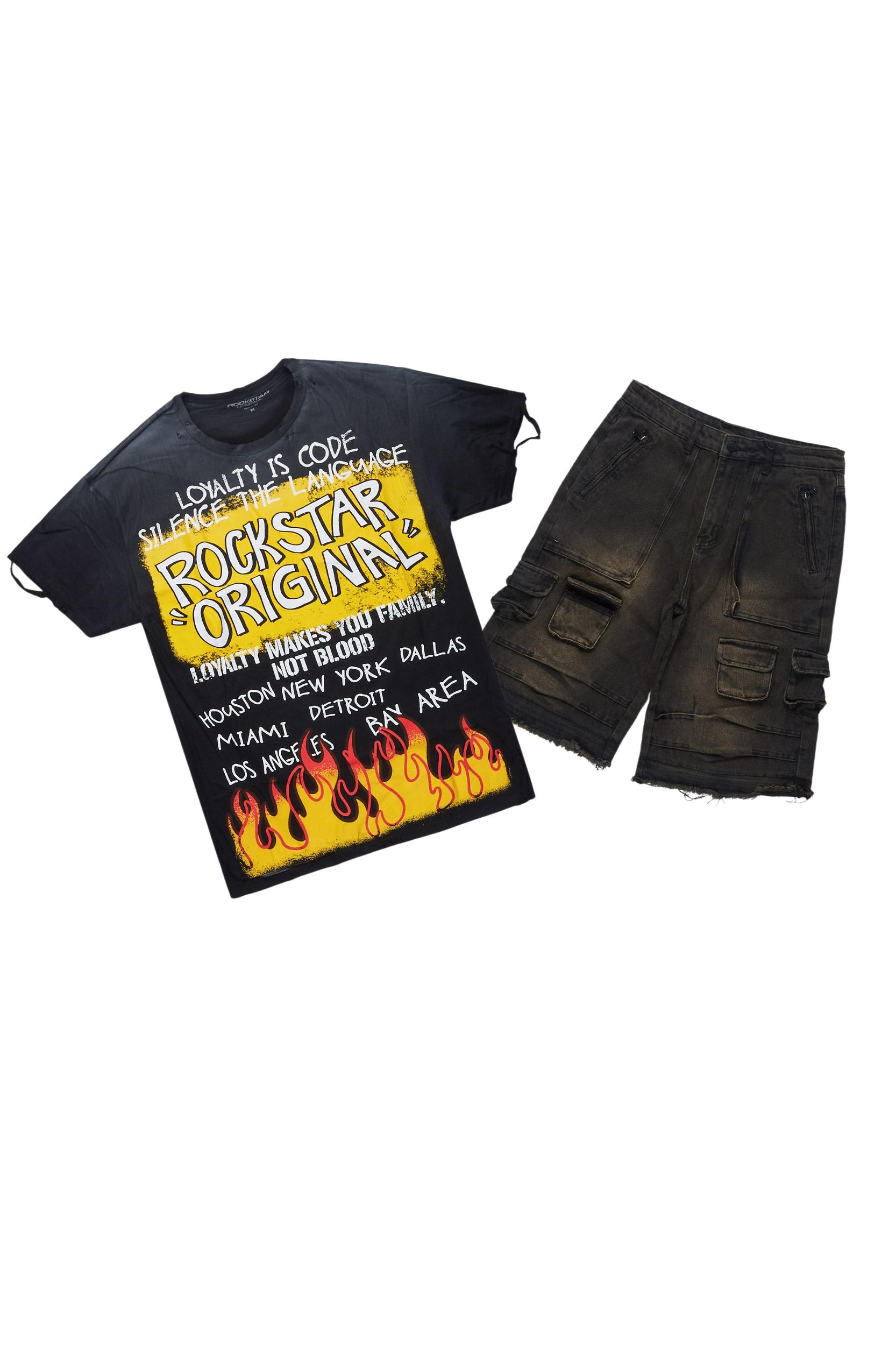 Beno Black/Yellow T-Shirt/Denim Short Set Male Product Image