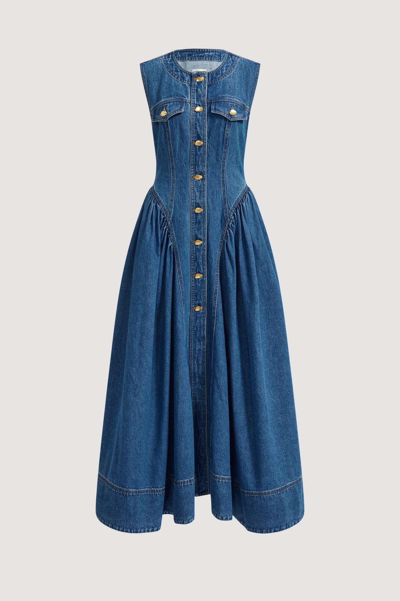 Loxley Denim Midi Dress-MID WASH BLUE / 4 Product Image
