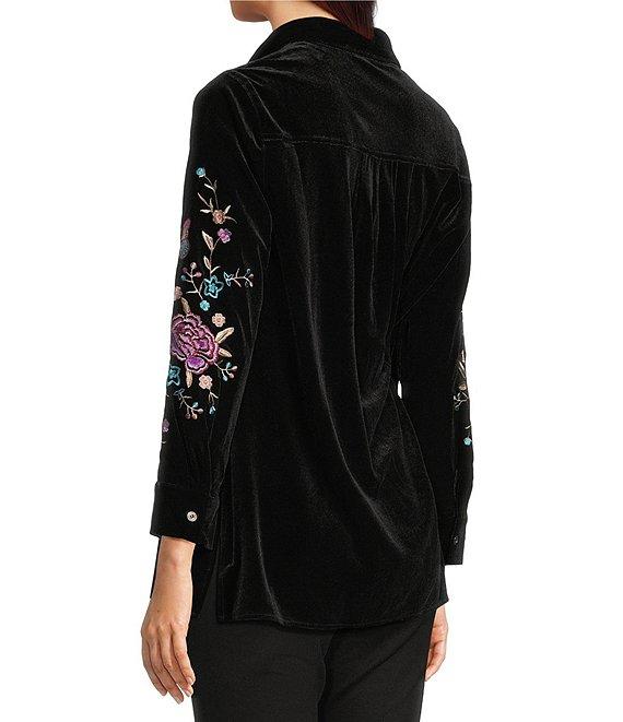 Calessa Embroidered Floral Point Collar Long Sleeve Button Front Velvet Shirt Product Image
