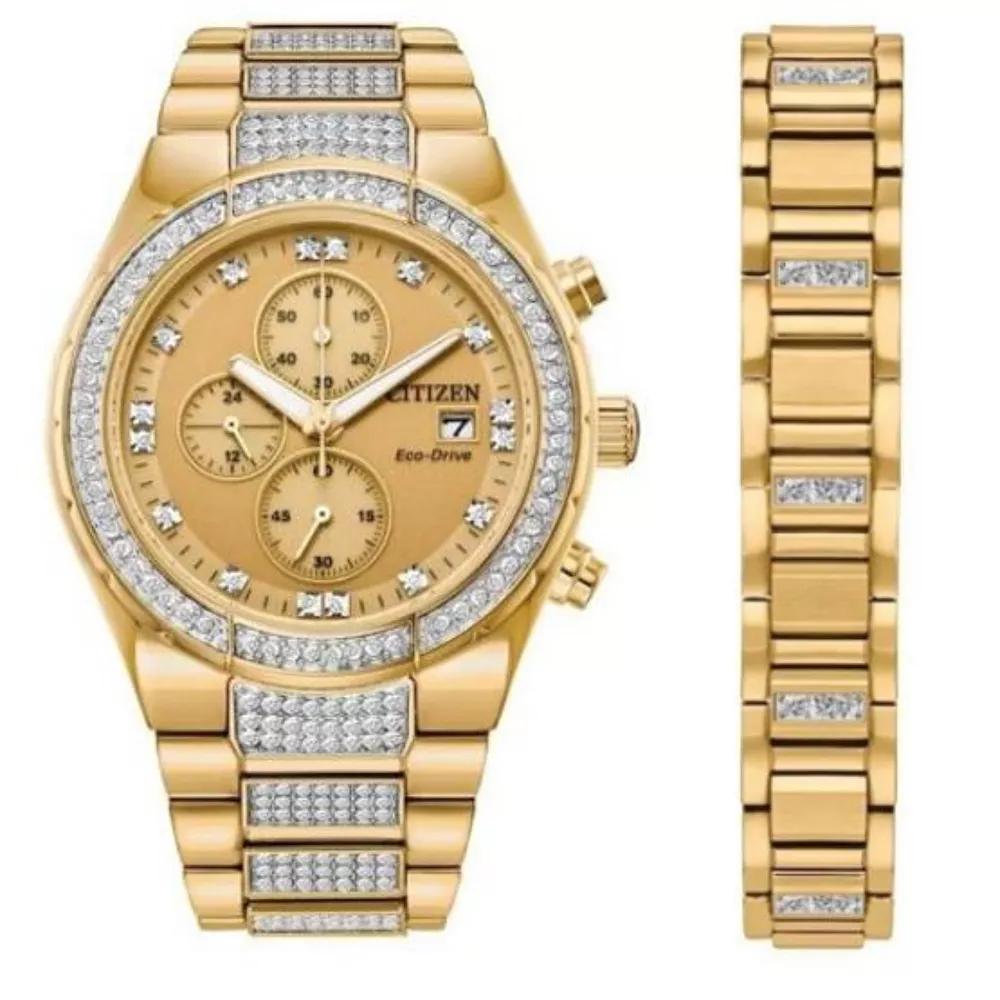 Citizen Mens Eco-Drive Crystal Accent Gold Tone Stainless Steel Watch & Bracelet Box Set - CA0752-66P Product Image