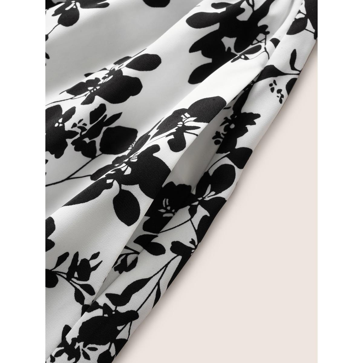 Plus Size Silhouette Floral Print Shirred Puff Sleeve Dress Black Women Elegant Gathered Square Neck Short sleeve Curvy Midi Dress BloomChic 12/L Product Image