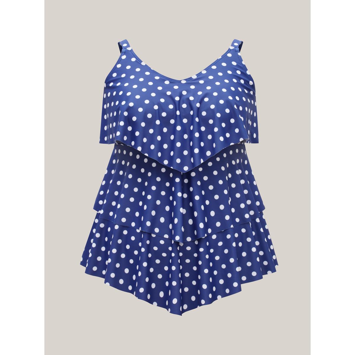 Plus Size Polka Dots Layered Ruffled Swim Top Women's Swimwear Indigo Beach Tiered High stretch Bodycon V-neck Curve Swim Tops BloomChic 30/6X Product Image
