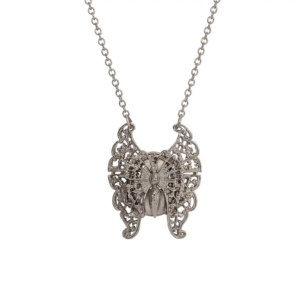1928 Silver Tone Butterfly Locket Pendant Necklace, Womens, Gray Product Image