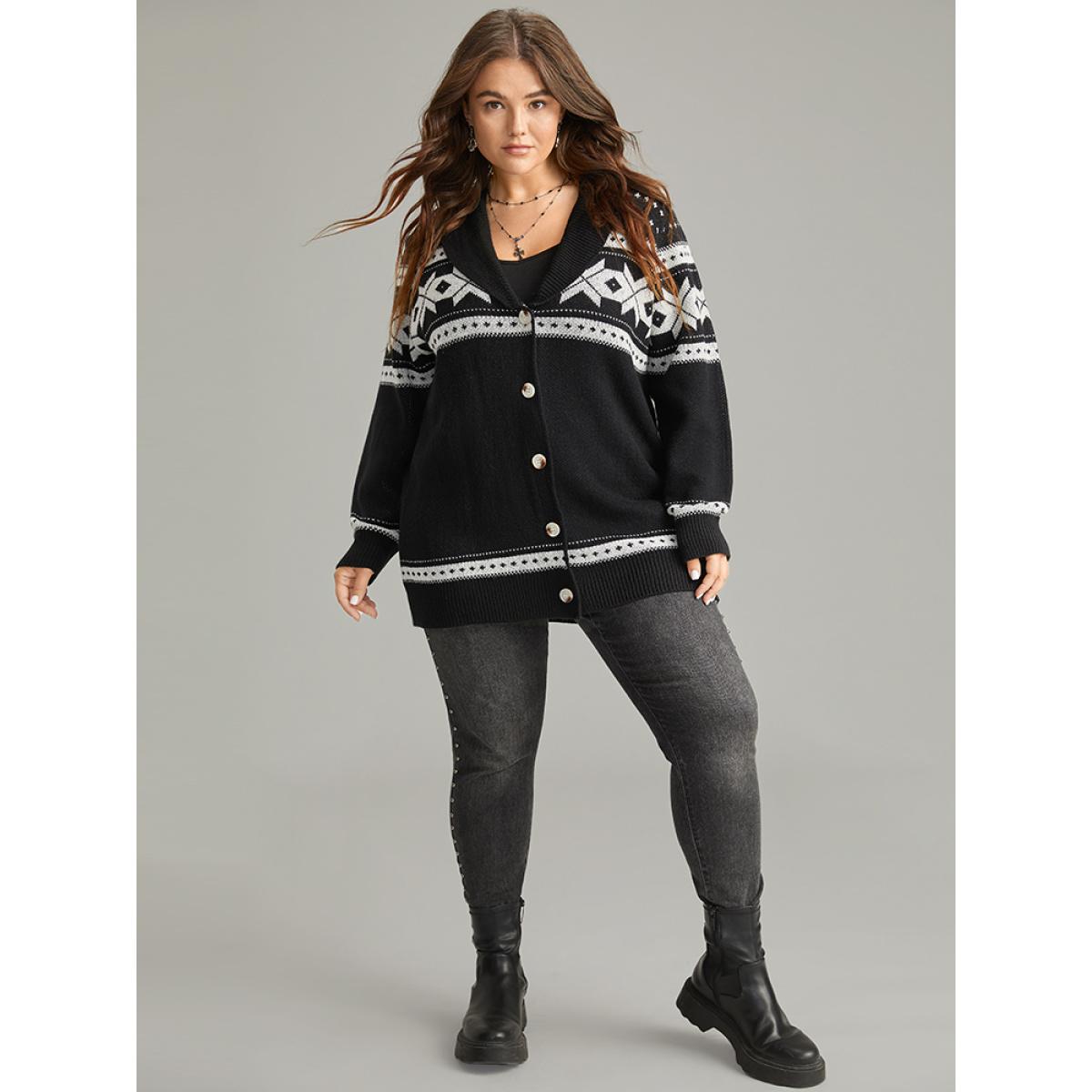 Plus Size Geometric Contrast Button Through Cardigan Black Women Casual Loose Long Sleeve Dailywear Cardigans BloomChic 12/L Product Image