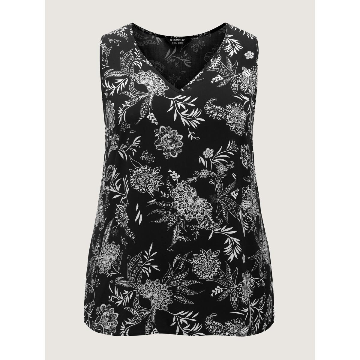 Plus Size Boho Floral V-Neck Tank Top Women Black Boho Contrast V-neck Vacation Tank Tops Camis BloomChic 30/6X Product Image