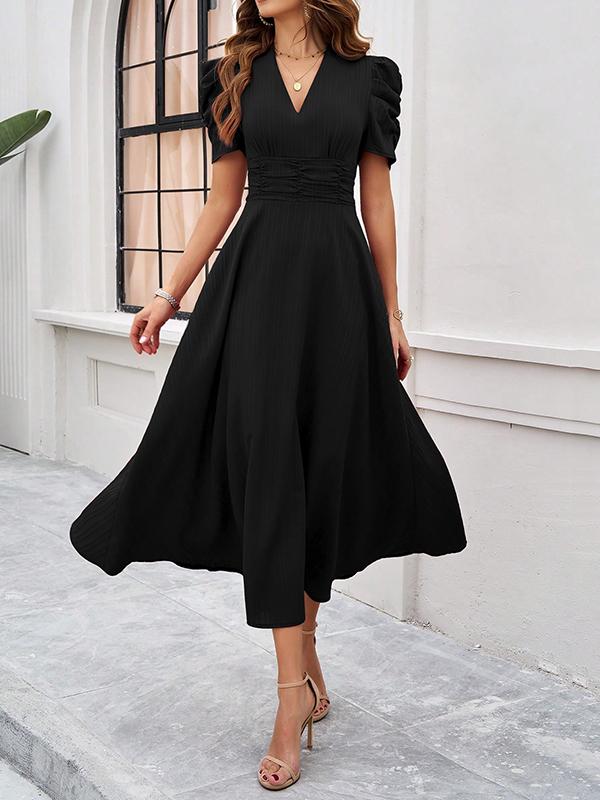 A-Line High Waisted Pleated Solid Color Zipper V-Neck Maxi Dresses Product Image