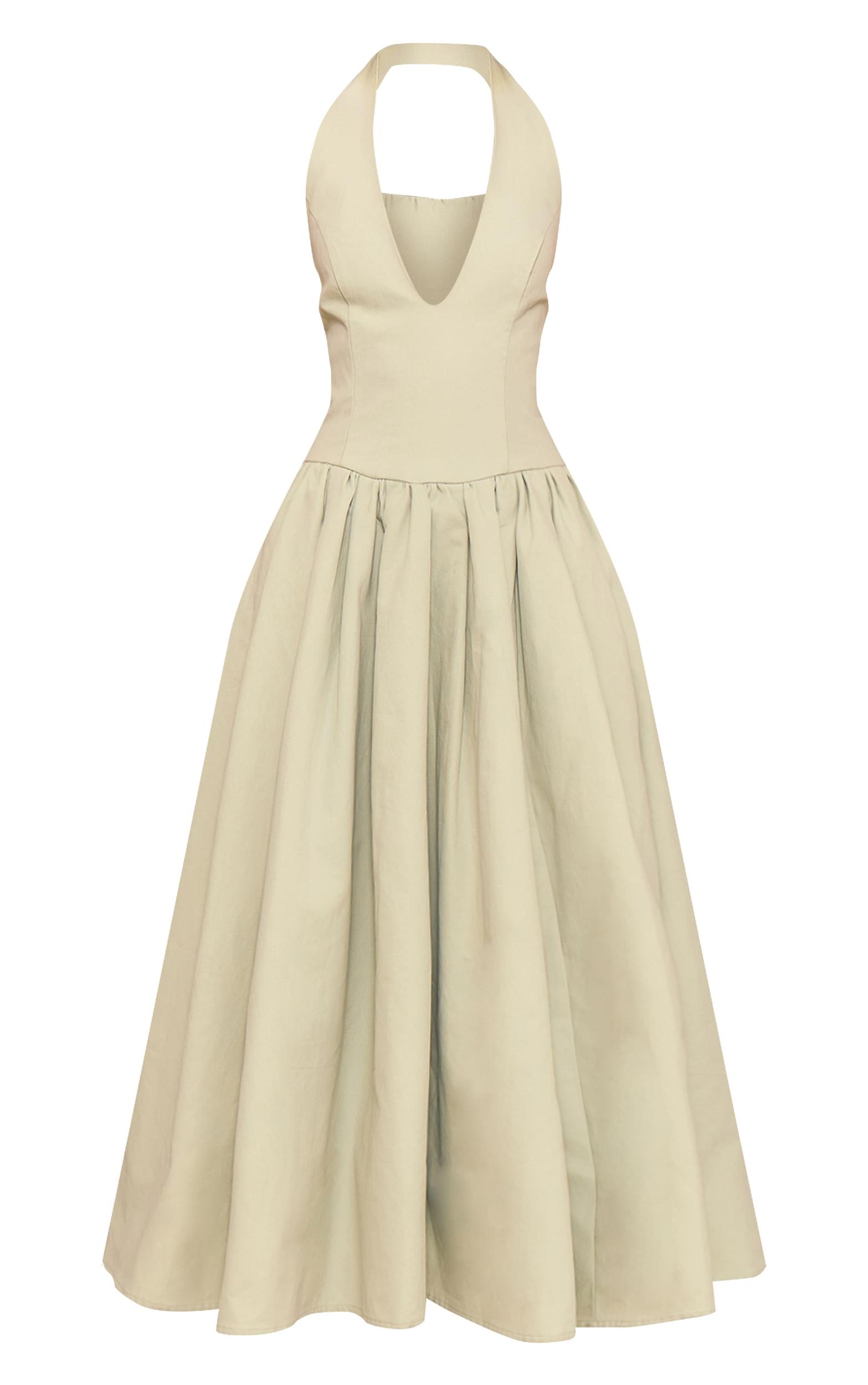 Sage Green Halterneck Tie Detail Ruched Midaxi Dress Product Image