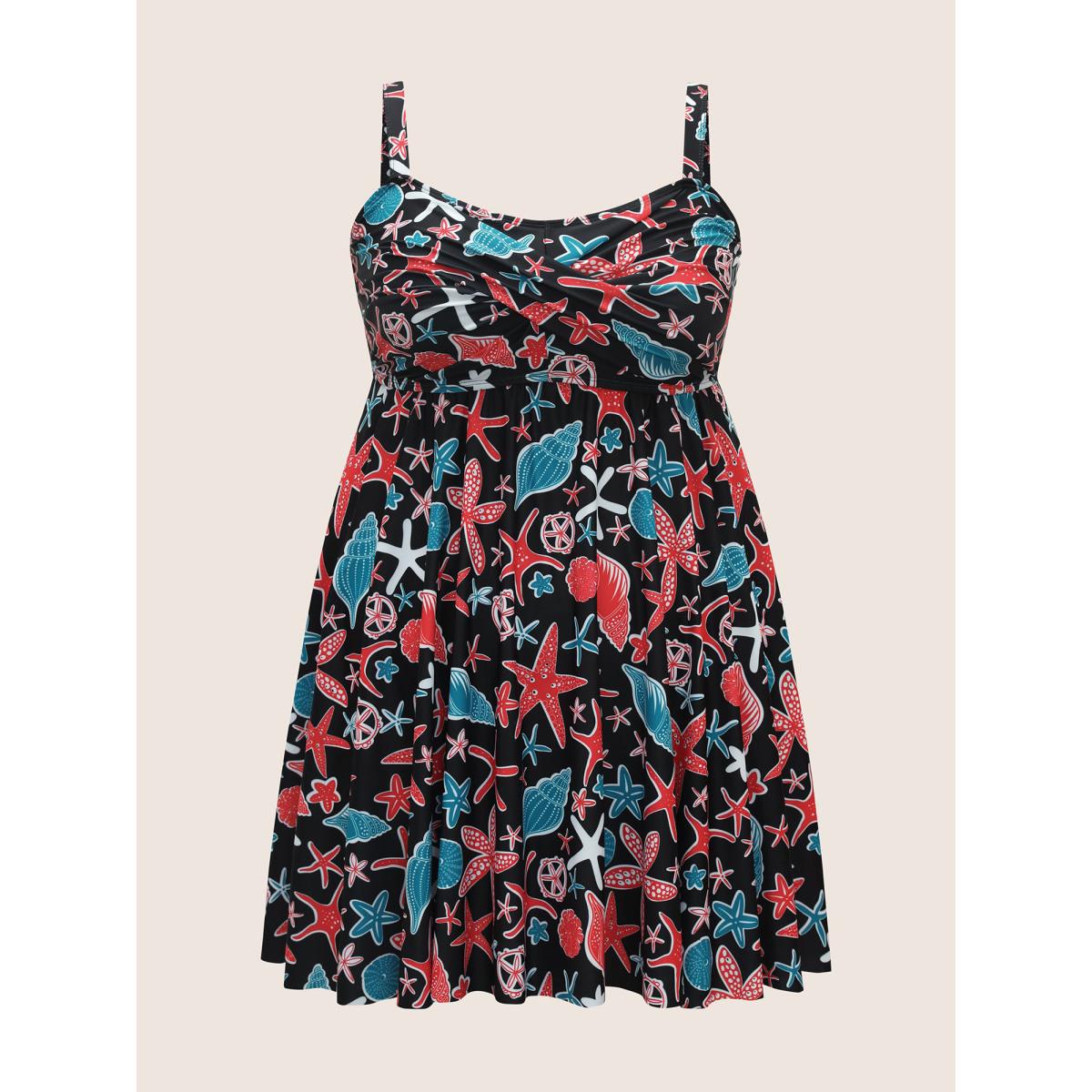 Plus Size Marine Elements Twist Front Gathered Swim Dress Women's Swimwear Black Beach Bodycon V-neck High stretch Curve Swim Dresses BloomChic 30/6X Product Image