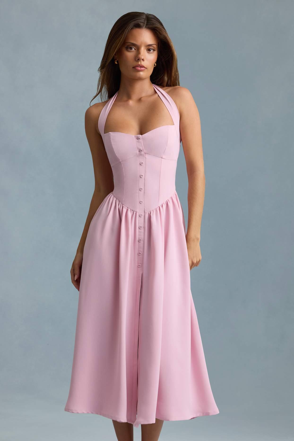 Button-Detail Halterneck Midaxi Dress in Soft Pink Product Image