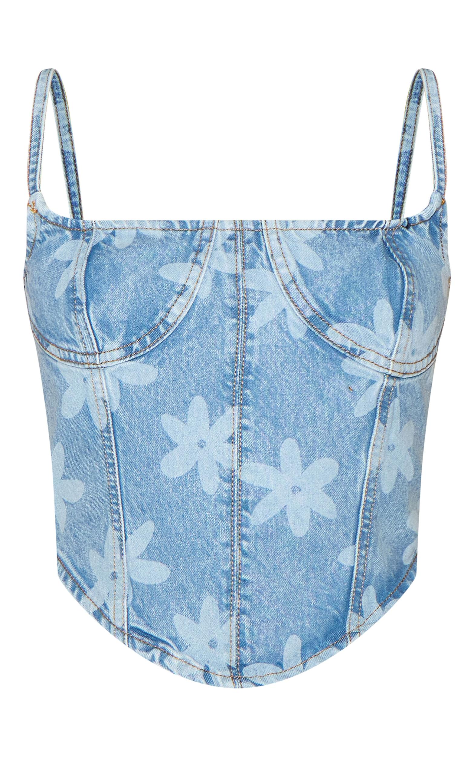 Light Blue Wash Floral Print Denim Corset Top Product Image