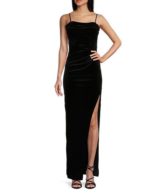 Honey and Rosie Velvet Cowl Neck Corset Side Slit Long Dress Product Image