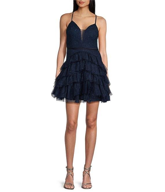 Pear Culture V-Neck Spaghetti Strap Tiered Lace-Up Dress Product Image