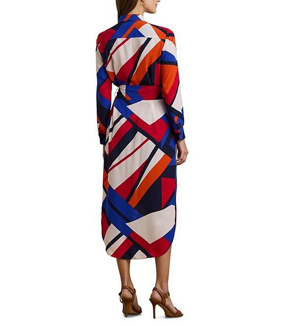 Lauren Ralph Lauren Crepe de Chine Printed Point Collar Long Sleeve Button-Front Self-Tie Waist Midi Shirtdress Product Image