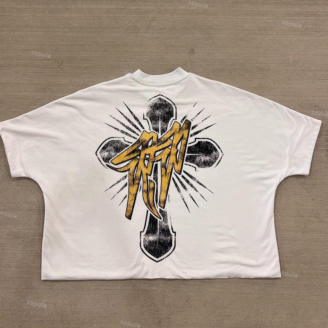 Sopula Vintage Jesus Cross Graphic Casual Street Basketball T-Shirt Product Image