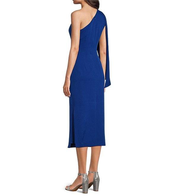 JS Collections Stretch Crepe One Shoulder Neck One Cape Sleeve Beaded Side Sheath Midi Dress Product Image
