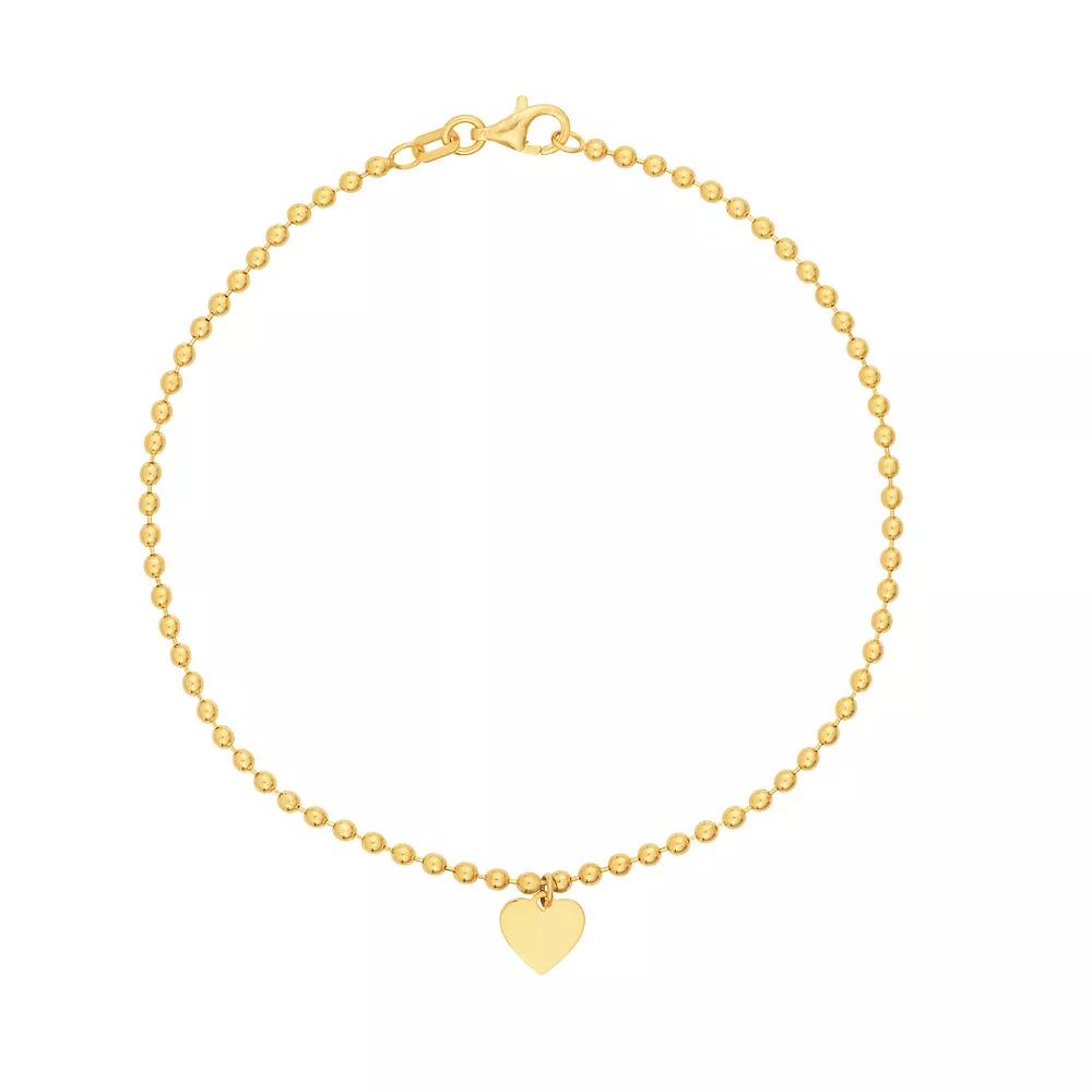 14k Gold 2 mm Heart Charm Beaded Chain Bracelet, Women's, Size: 7.5" Product Image