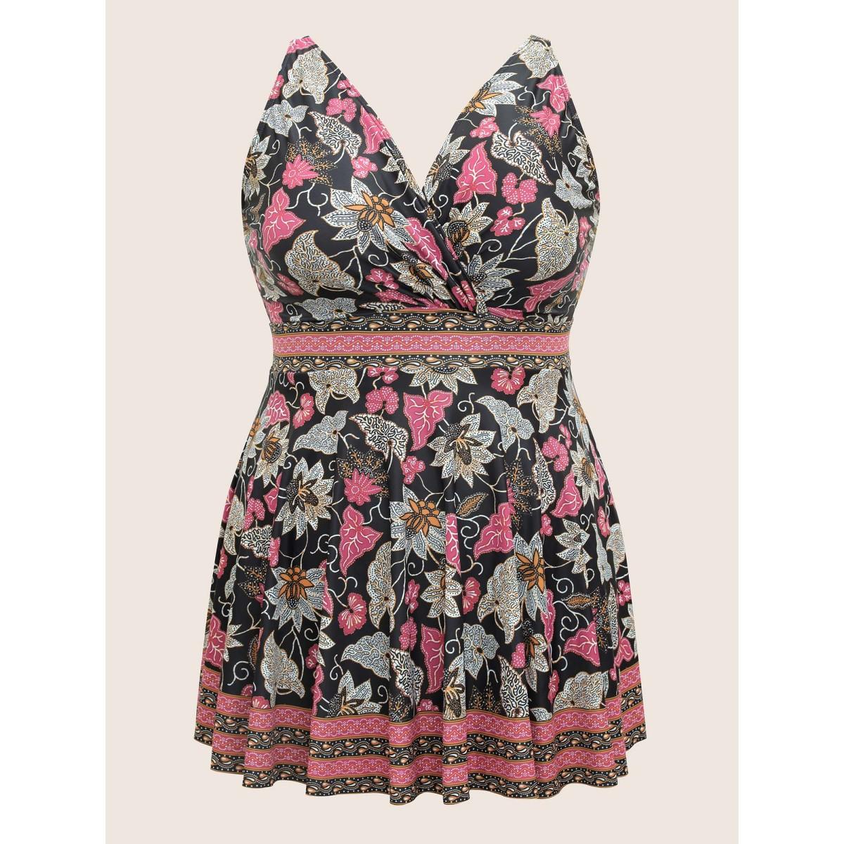 Plus Size Bandana Print Overlap Collar Swim Dress Women's Swimwear Black Beach Bodycon V-neck High stretch Curve Swim Dresses BloomChic 10/M Product Image