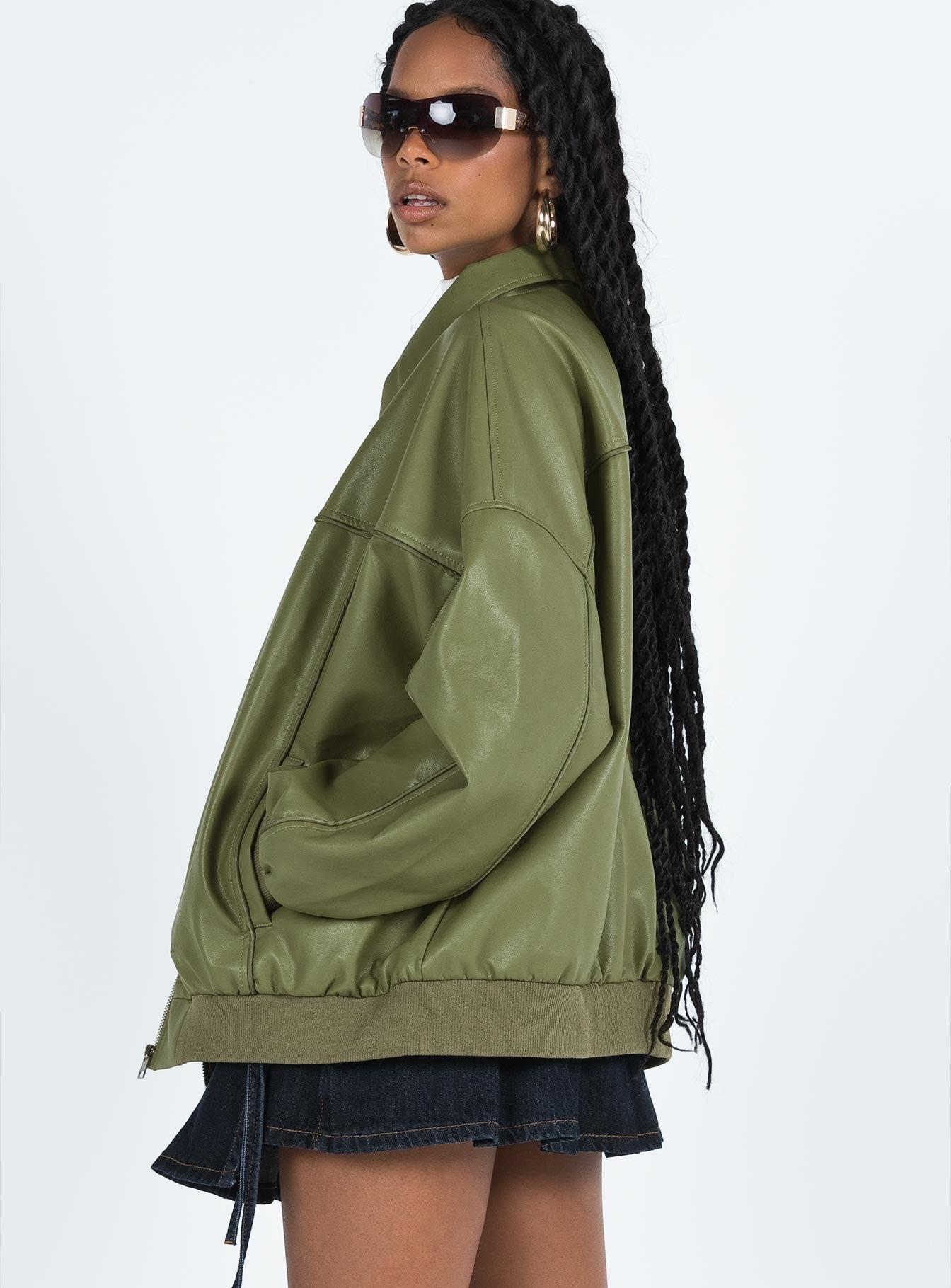 Goldsmith Faux Leather Bomber Jacket Green Product Image