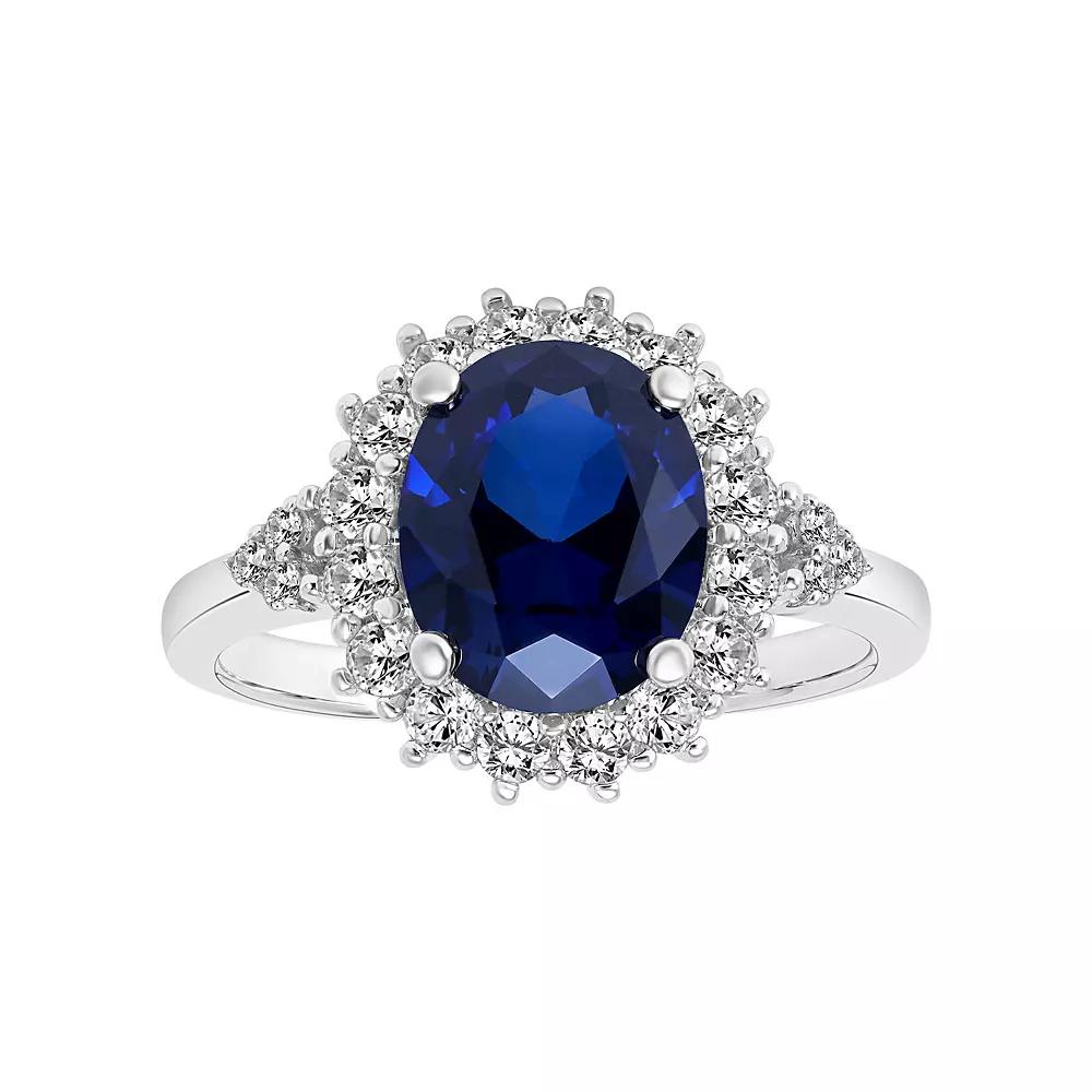 Love Always Sterling Silver Lab-Created Blue & White Sapphire Diamond Accent Halo Engagement Ring, Women's,  Product Image