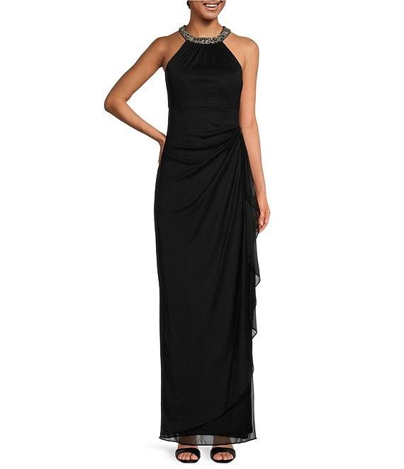 Alex Evenings Petite Size Sleeveless Beaded Halter Neck Cascade Ruffle Gown Product Image