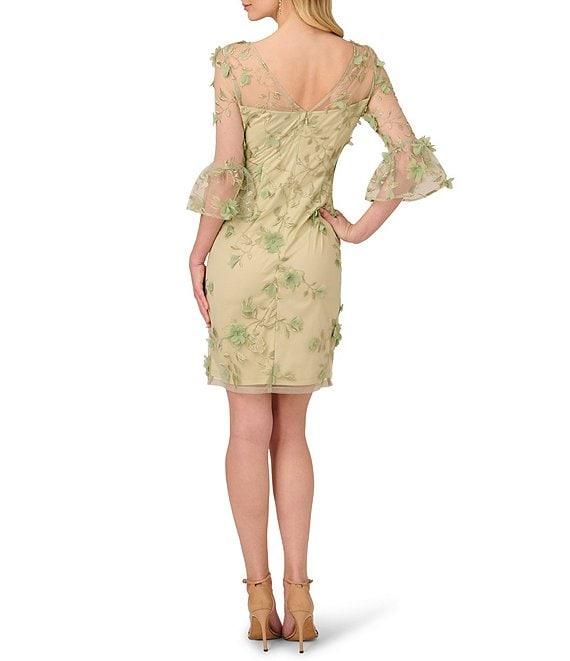 Adrianna Papell Illusion Crew Neck Bell Sleeve Floral Embroidery Sheath Dress Product Image